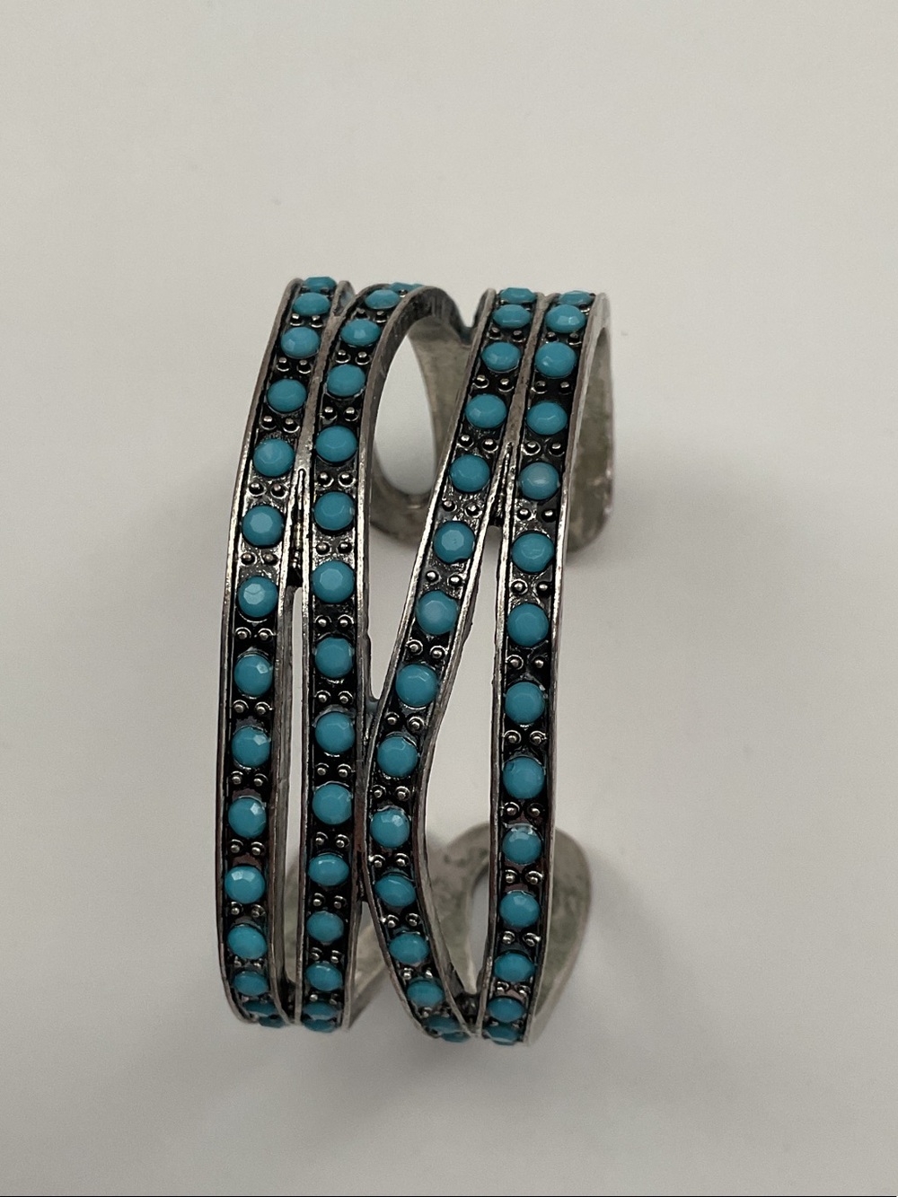 Turquoise Bead Silver-Tone Cuff Bracelet